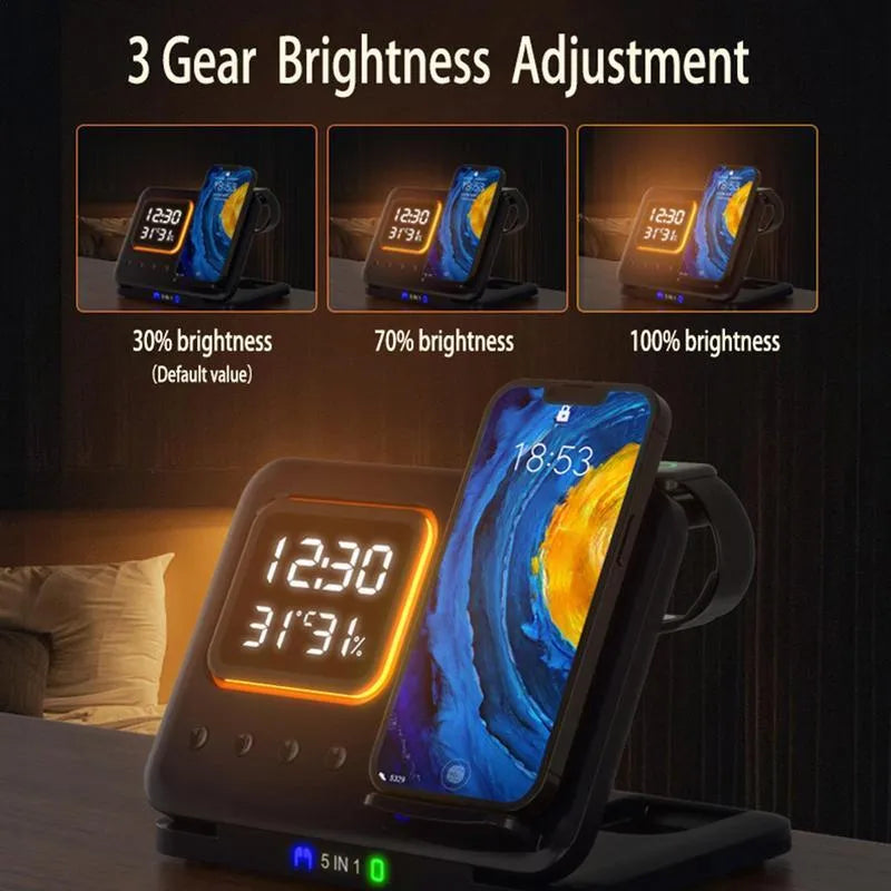 Black wireless charging station with digital display showing time and temperature, charging phone and watch