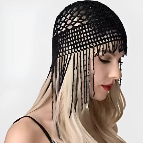 Handmade alloy belly dance hair ornament with mesh tile and tassels in silver or black