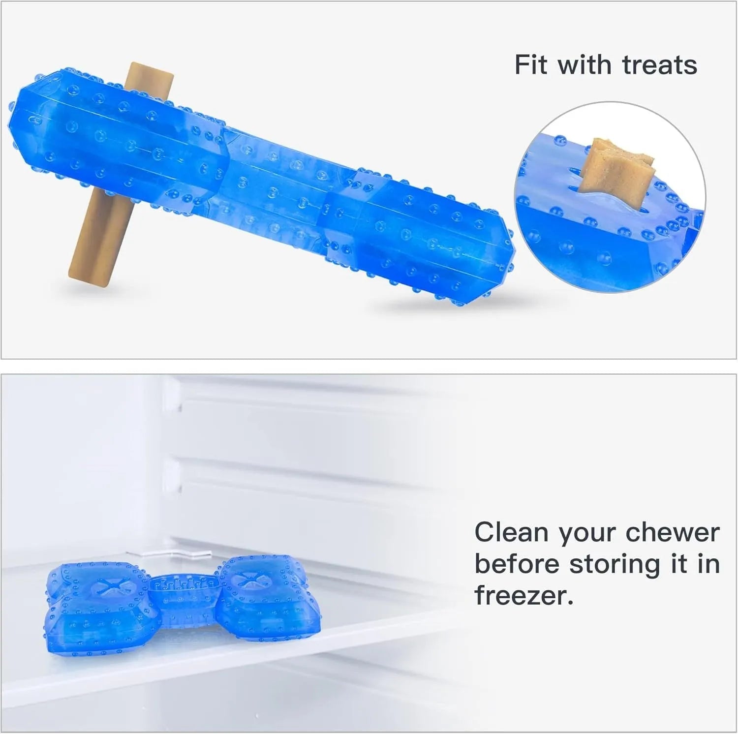 A non-toxic freezable dog chew toy for teething puppies and dogs, shown with a thickened outer design.
