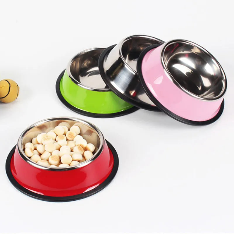 Stainless steel and colourful melamine dual-piece pet bowl with non-slip rubber base.