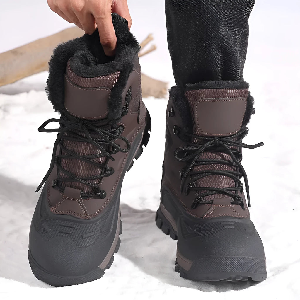 Men's black fleece-lined high-top lace-up boots with a flat heel and ribbed sole.