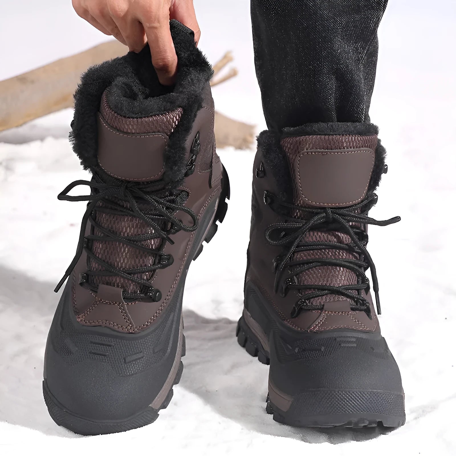 Men's black fleece-lined high-top lace-up boots with a flat heel and ribbed sole.