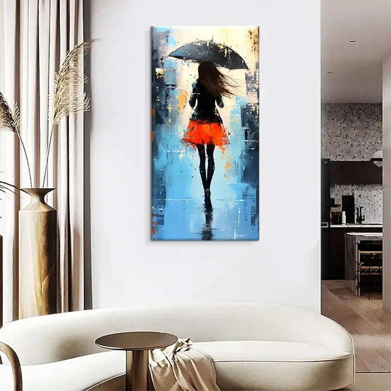 Hand painted modern abstract oil painting of people walking in rain on canvas for living room wall decor