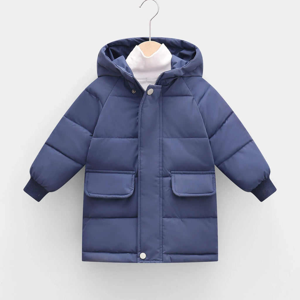 Children's mid-length hooded thickened jacket in polyester fibre with zipper, available in multiple colours