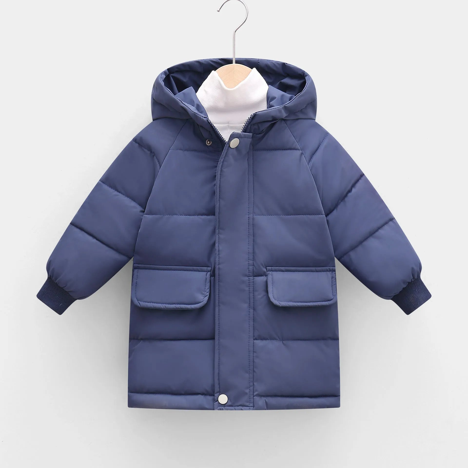 Children's mid-length hooded thickened jacket in polyester fibre with zipper, available in multiple colours