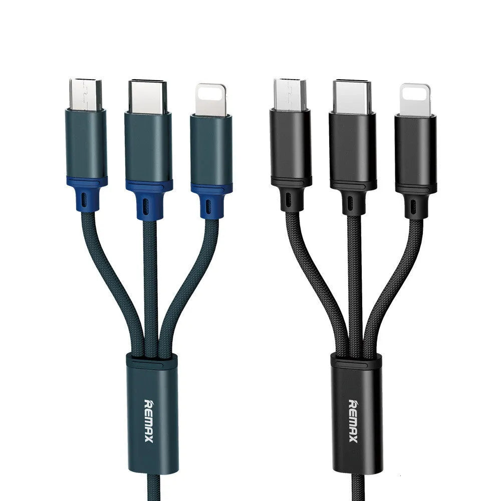 One For Three braided charging cable with USB, Micro USB, and Type-C connectors, 1.15m, black