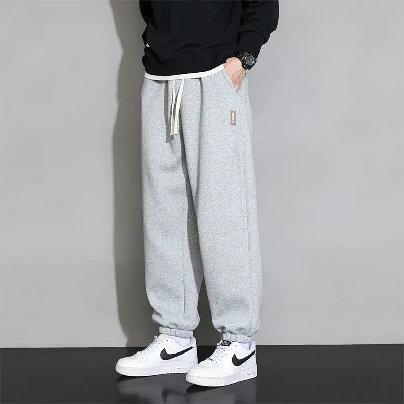 Men's loose fit solid colour cotton blend sports trousers with drawstring elastic waist in Gray, Black, Army Green, sizes M to 8XL