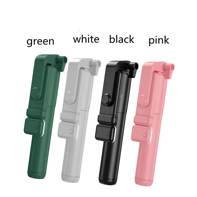 Black Bluetooth selfie stick with fill light and extended tripod legs holding a smartphone.