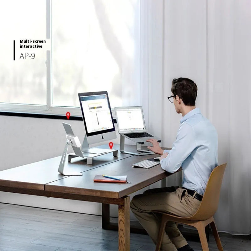 Black aluminium alloy laptop stand on desk showing dimensions and open-frame design