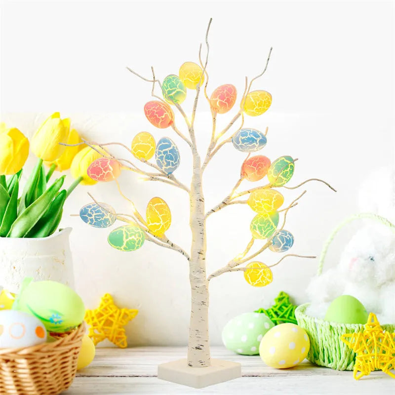 60cm white LED birch tree Easter decoration with adjustable branches and hanging cracked egg ornaments