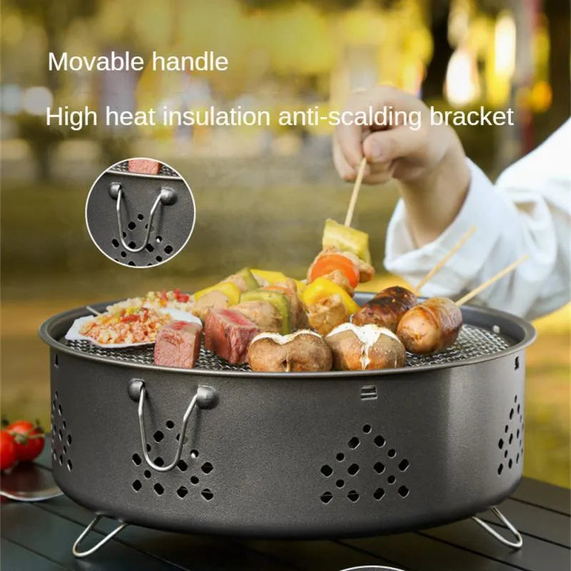Portable stainless steel barbecue grill with detachable parts and storage bag for camping.