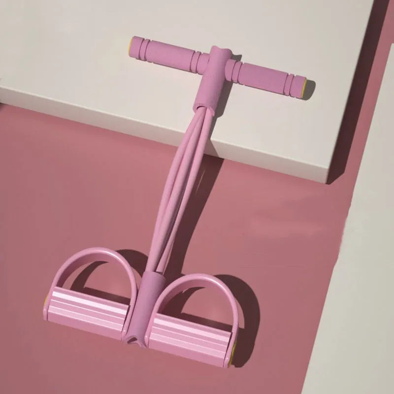 Yoga four-piece fitness set with leg stretcher, circular yoga ring, pedal device, and figure-eight tension rope on a light background.