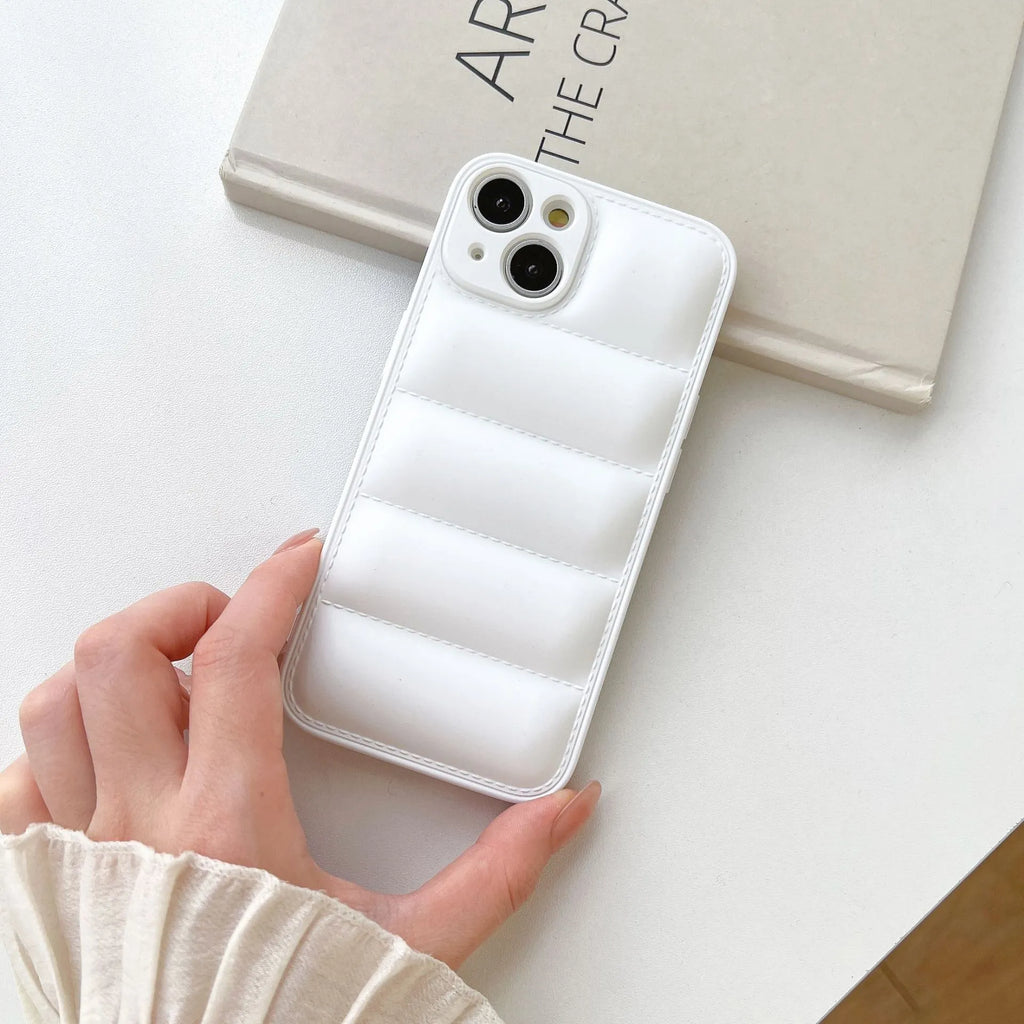 Plastic down jacket phone case for iPhone 15 series in black, shockproof TPU back cover