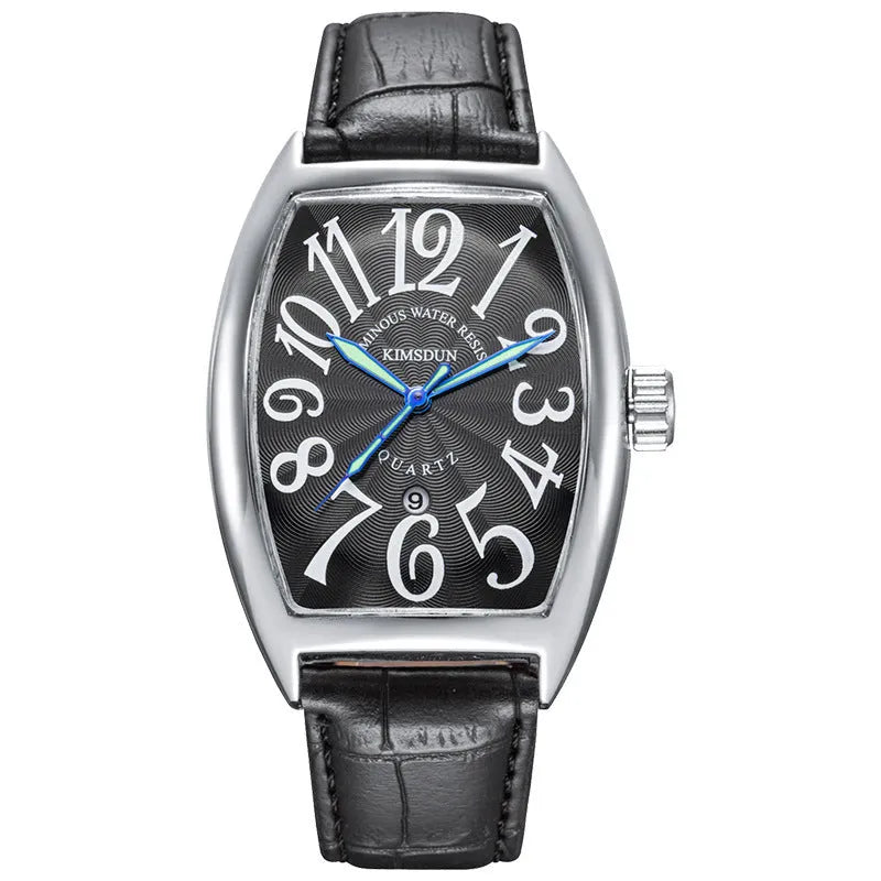Jinshidun men's retro quartz watch with luminous dial, silver case, white face, black markings, and black leather strap