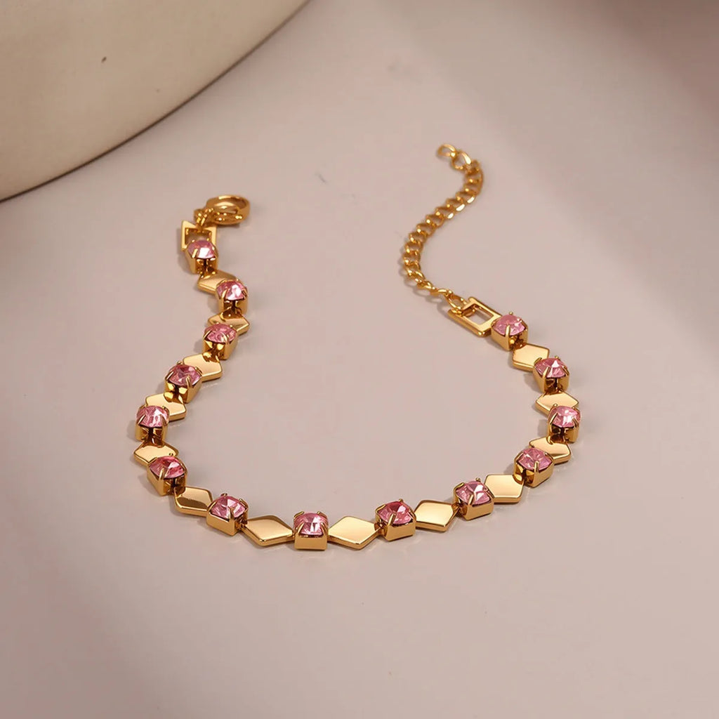Temperamental women's stainless steel bracelet with 18K gold electroplating and geometric zircon accents in multiple colours