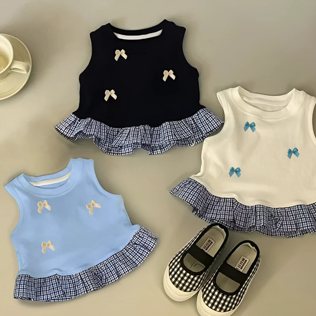 Girls' plaid vest top in black, milky white or blue, polyester, sizes 80cm to 140cm