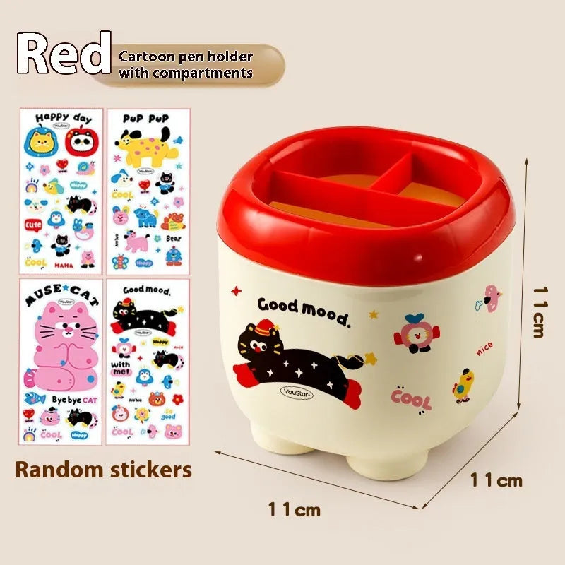 Cartoon-style plastic desktop organiser with grid compartments and red or brown stickers.