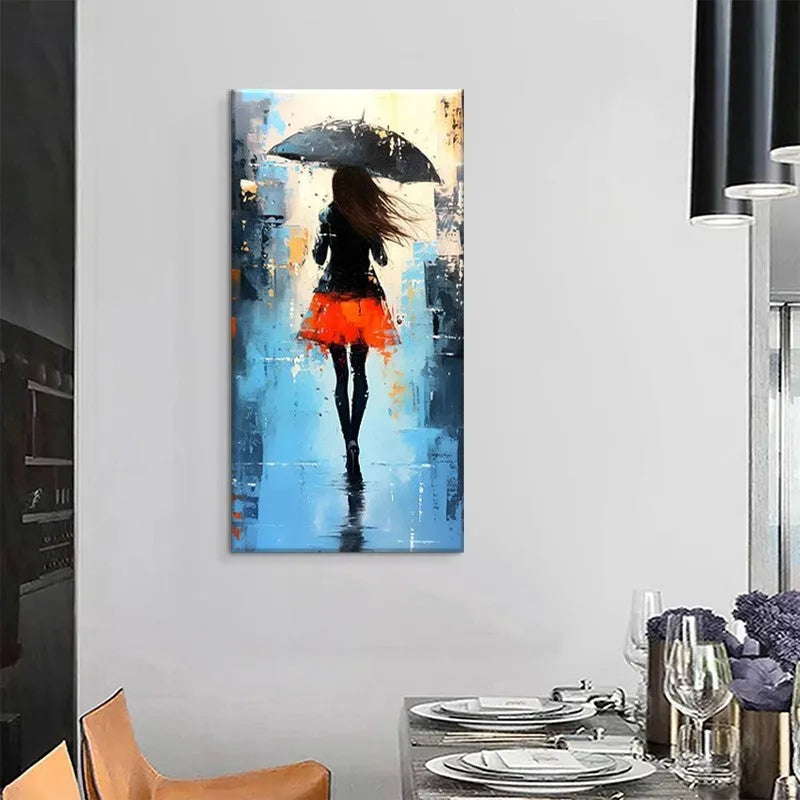 Hand painted modern abstract oil painting of people walking in rain on canvas for living room wall decor