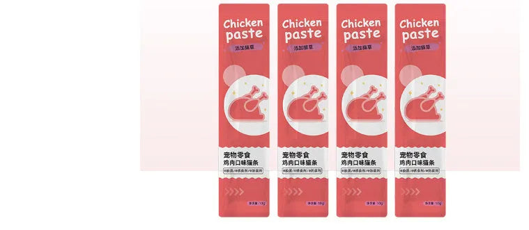 Cat strip snacks for kittens in childhood stage with four flavour varieties including chicken catgrass and tuna prebiotics