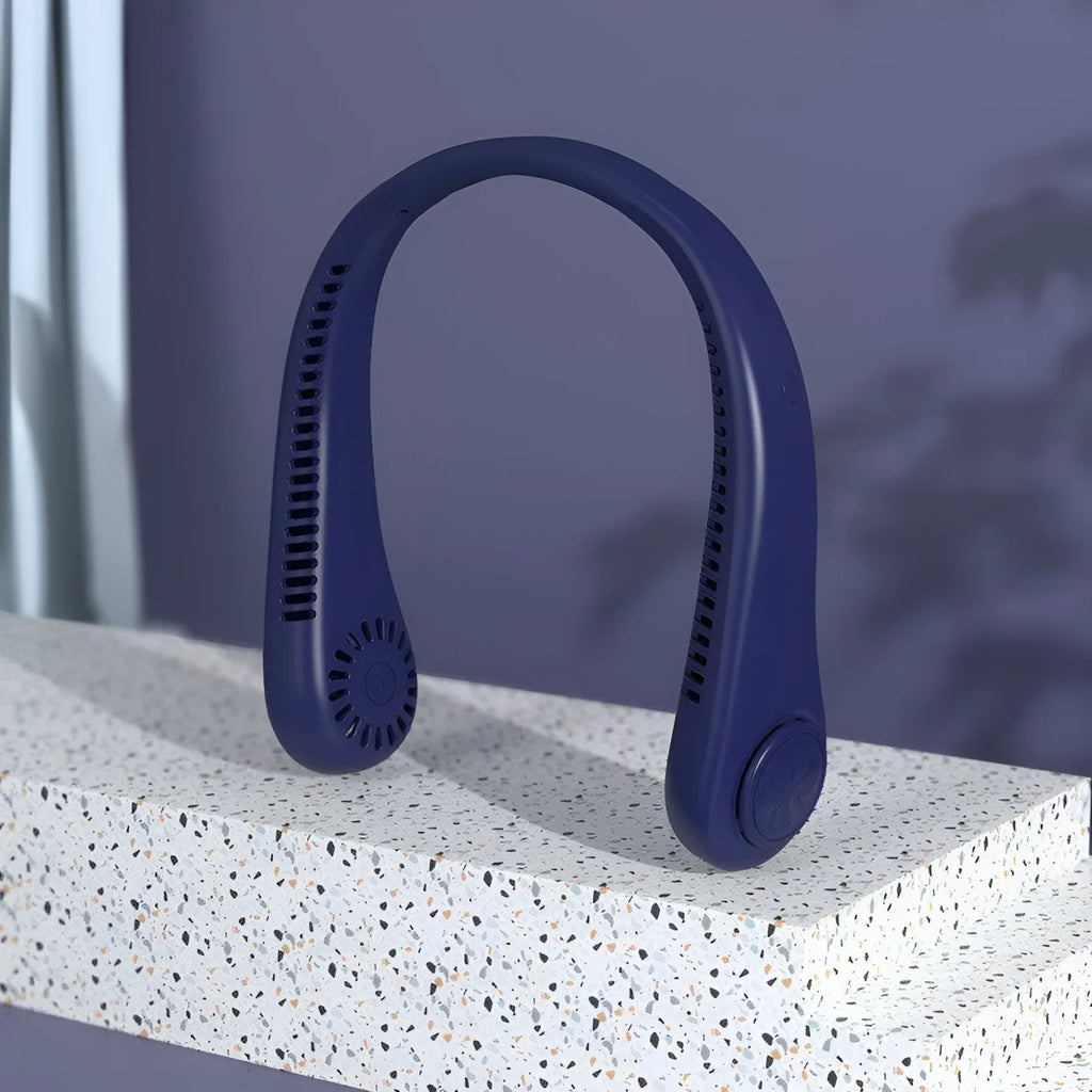Blue portable bladeless neck fan worn around the neck with adjustable speed settings.