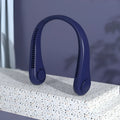 Blue portable bladeless neck fan worn around the neck with adjustable speed settings.