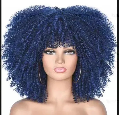 African small curly hair afro wig headgear in high temperature silk with bangs, available in multiple colours