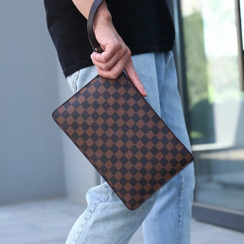 Men's black checkered PU leather clutch wallet open to show six card slots and a zipper pocket.