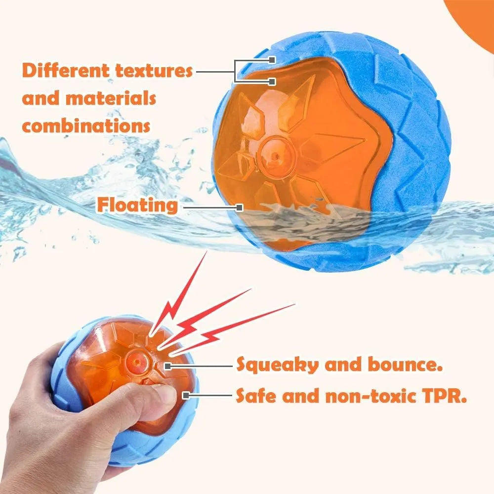 Set of three TPR dog toys: a squeaky ball, barbell, and floating tyre for pool fetch play
