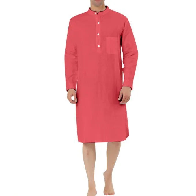 Men's cotton shirt robe with a front button closure and pockets, shown in a light blue colour.