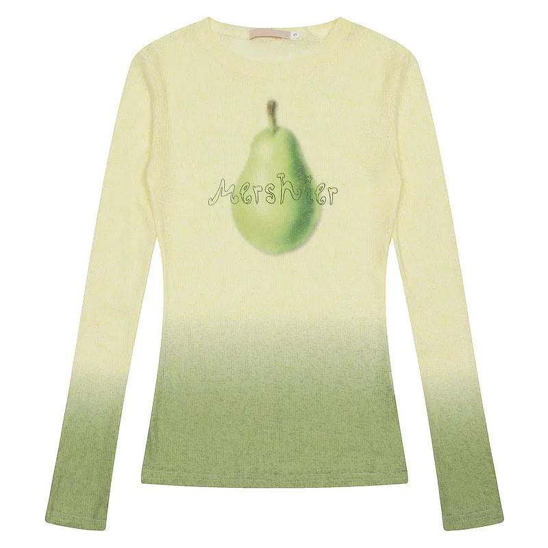 Women's yellow green gradient flower long-sleeved T-shirt made from thin polyester fabric, laid flat.