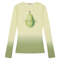 Women's yellow green gradient flower long-sleeved T-shirt made from thin polyester fabric, laid flat.