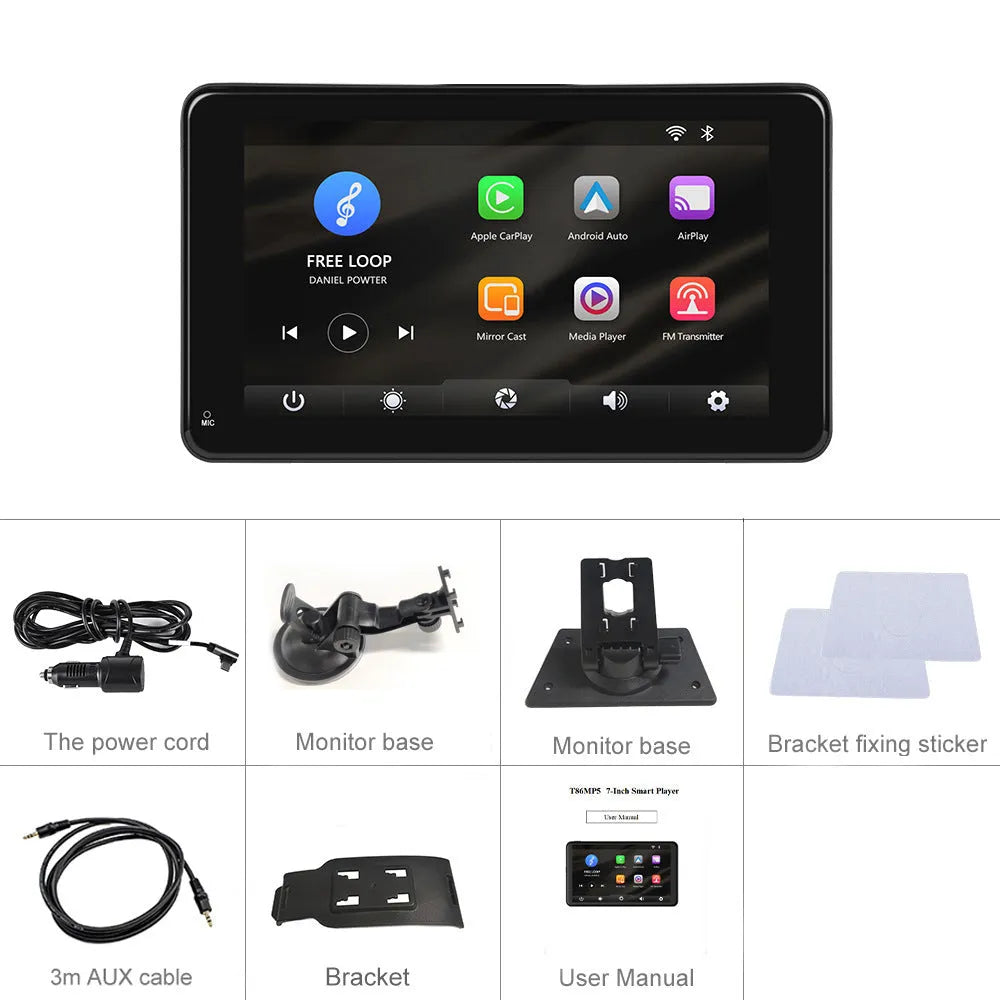 7-inch HD wired car screen player with universal mounting supports and cigarette lighter power connection