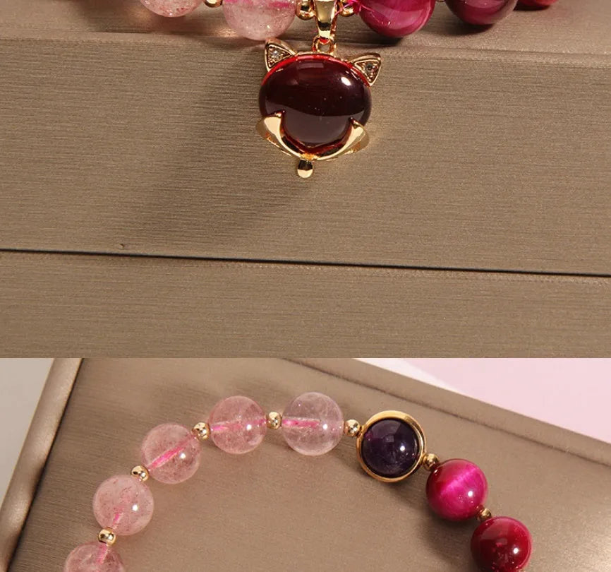Simple strawberry crystal bead bracelet on a black elasticated rope for women