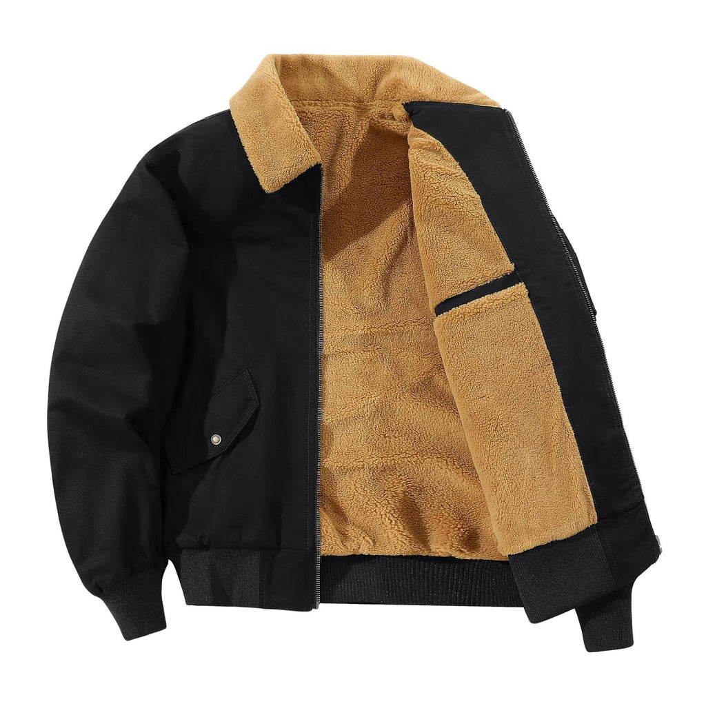 Men's fleece-lined washed cotton jacket in black, khaki or army green, loose thickened casual fit
