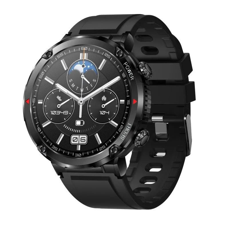 T30 Smart Watch with black silicone strap showing time and health metrics on its IPS screen.