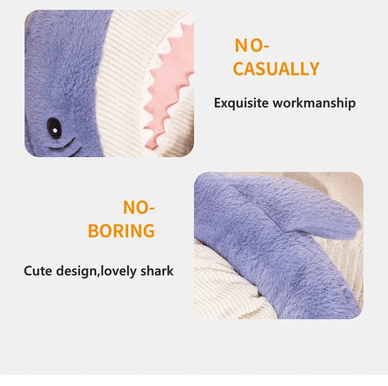 Blue shark pattern velvet pet bed cushion with non-slip base for dogs and cats