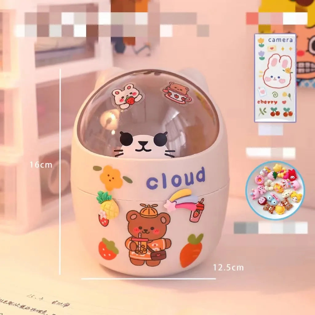 Plastic mini bear shaped desktop trash can with press-type lid in beige gray, includes stickers and garbage bags
