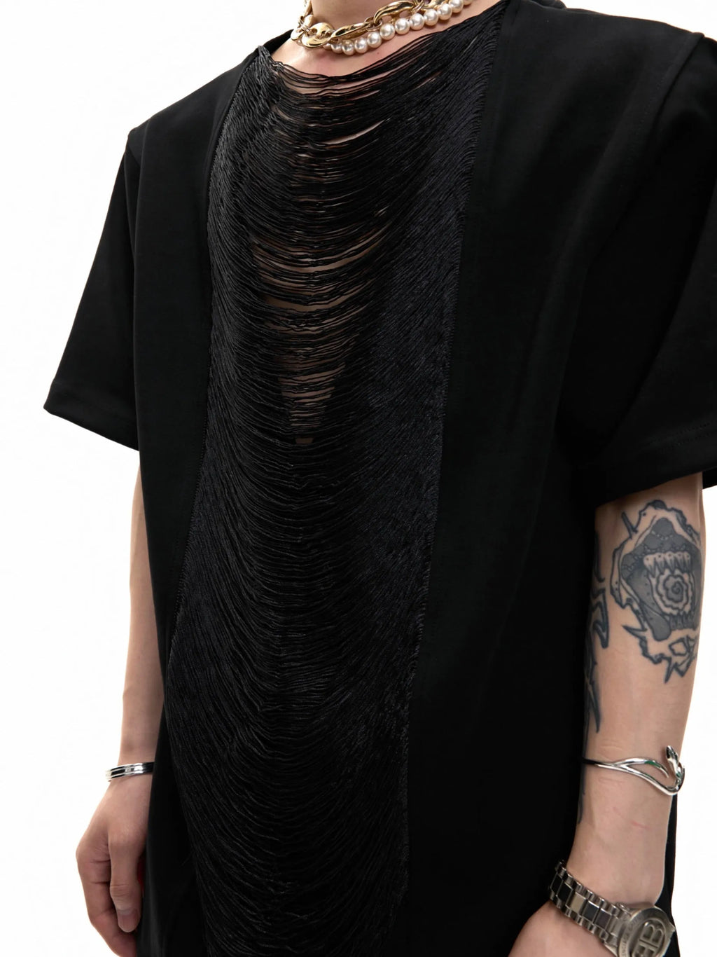 Men's black V-neck loose fit polyester short sleeve T-shirt with three-dimensional cutting