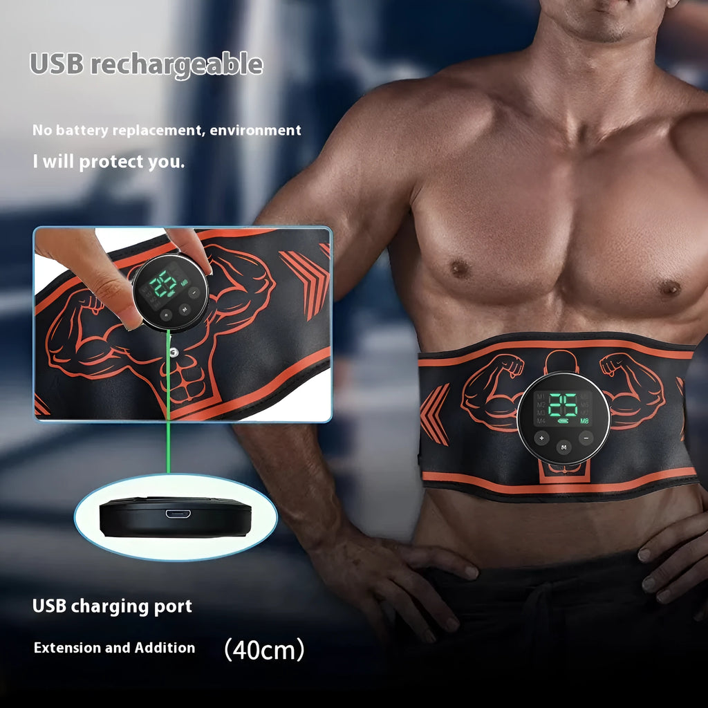 Blue and orange EMS smart massage belts with conductive pads and a rechargeable host unit for home muscle stimulation.