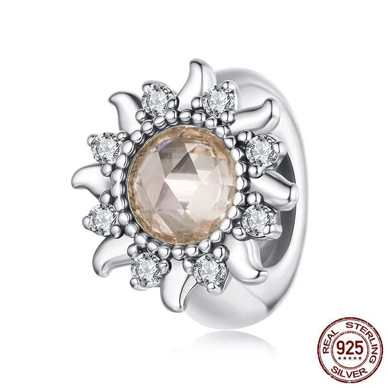 S925 sterling silver sunflower silicone positioning spacer bead on white background, 0.9cm size, SCC3163
