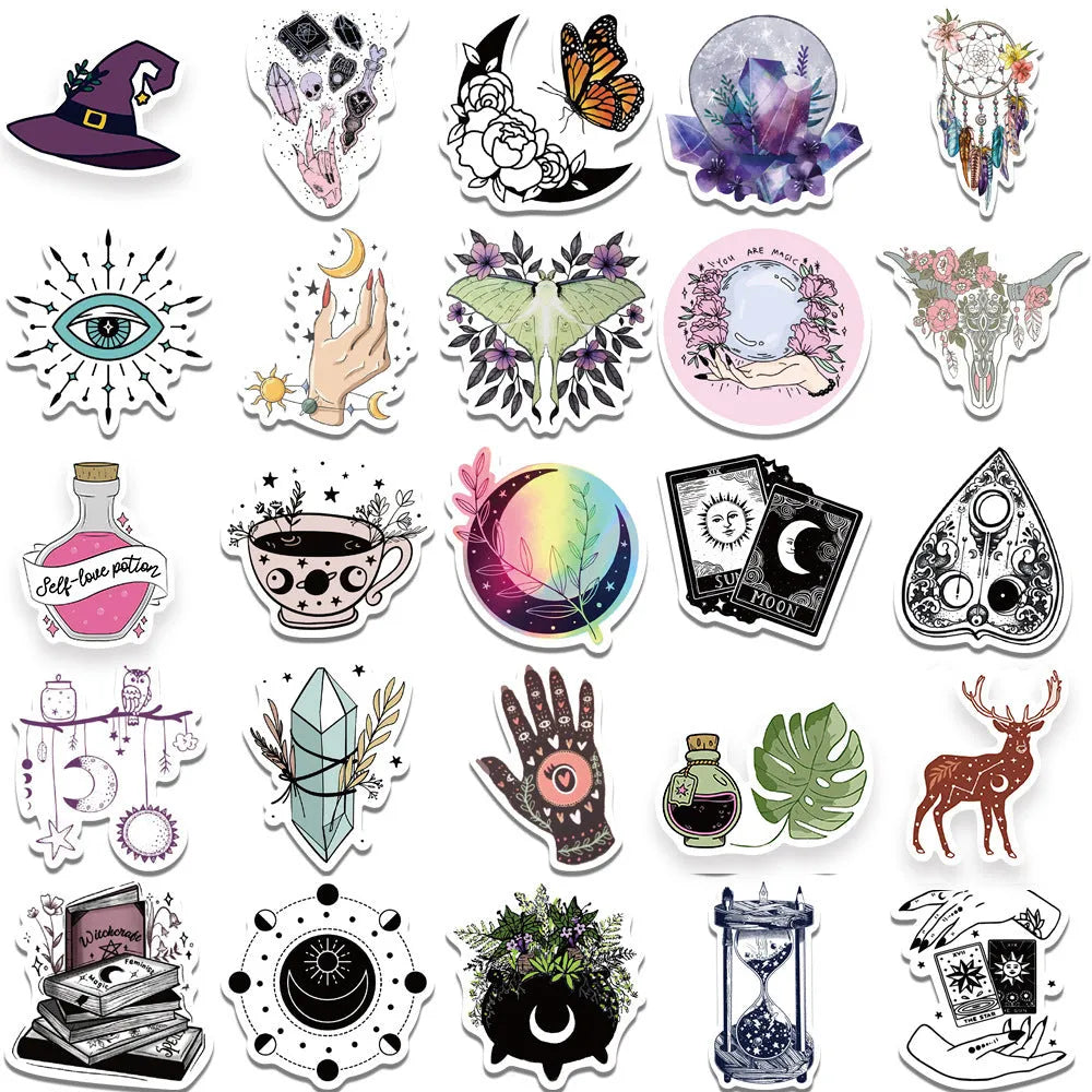 Bohemian wizard graffiti stickers, 50-sheet pack, PVC matte film, 5-7cm retro style in three colour options.