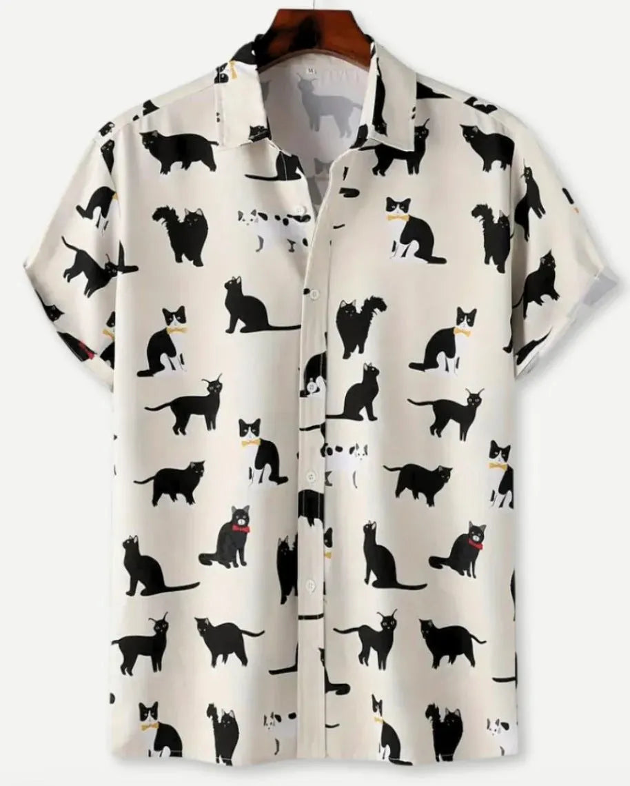 Man's short sleeve Hawaiian floral print shirt with a cardigan lapel, shown in one of 17 available colours.