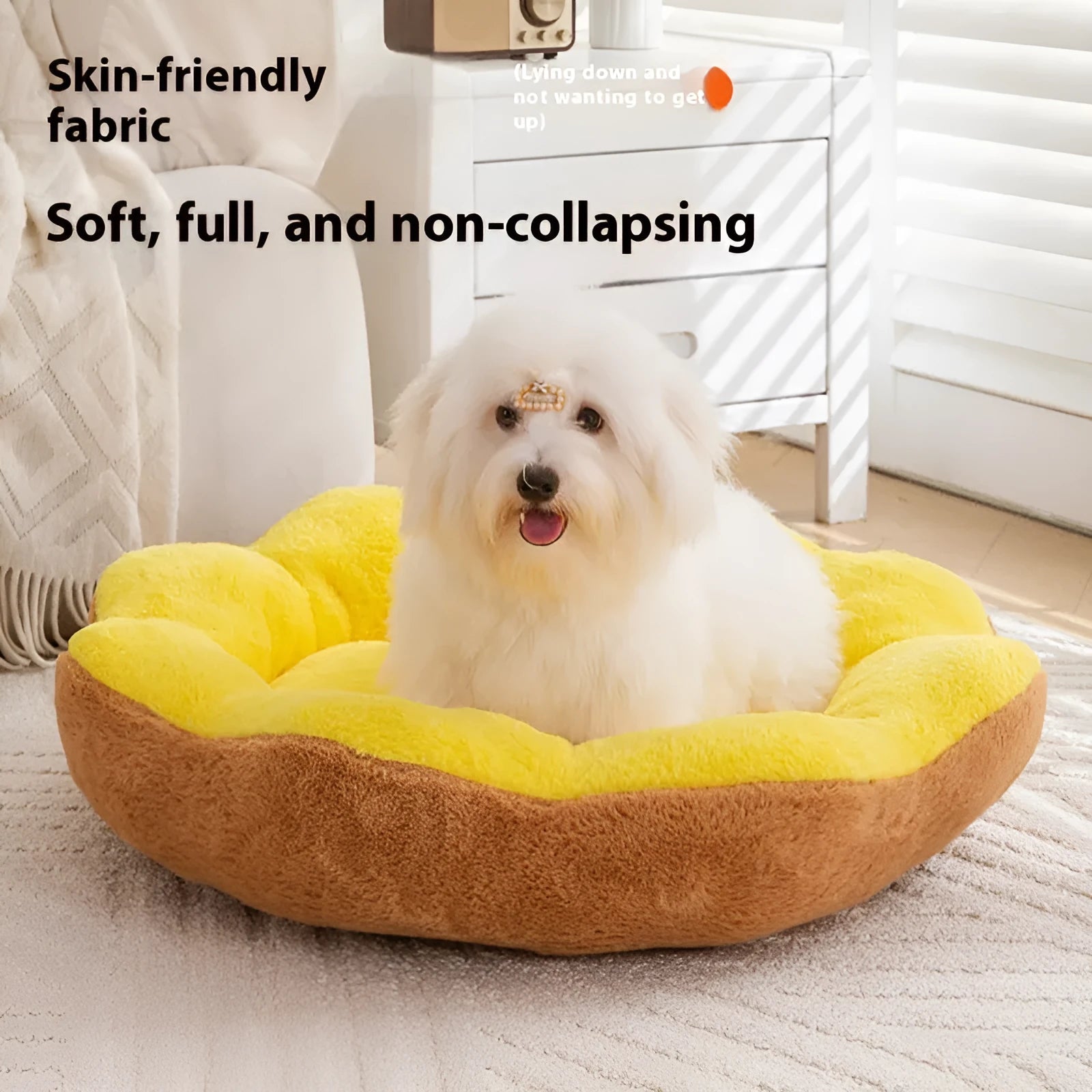 A round, thick rabbit plush cat bed with a high rim, shown in a brown gray colour, suitable for a cat to sleep in.