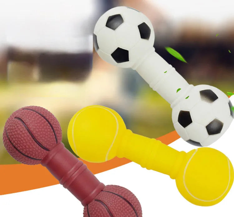 PVC dumbbell football shaped dog chew toy with squeaker in multiple colours