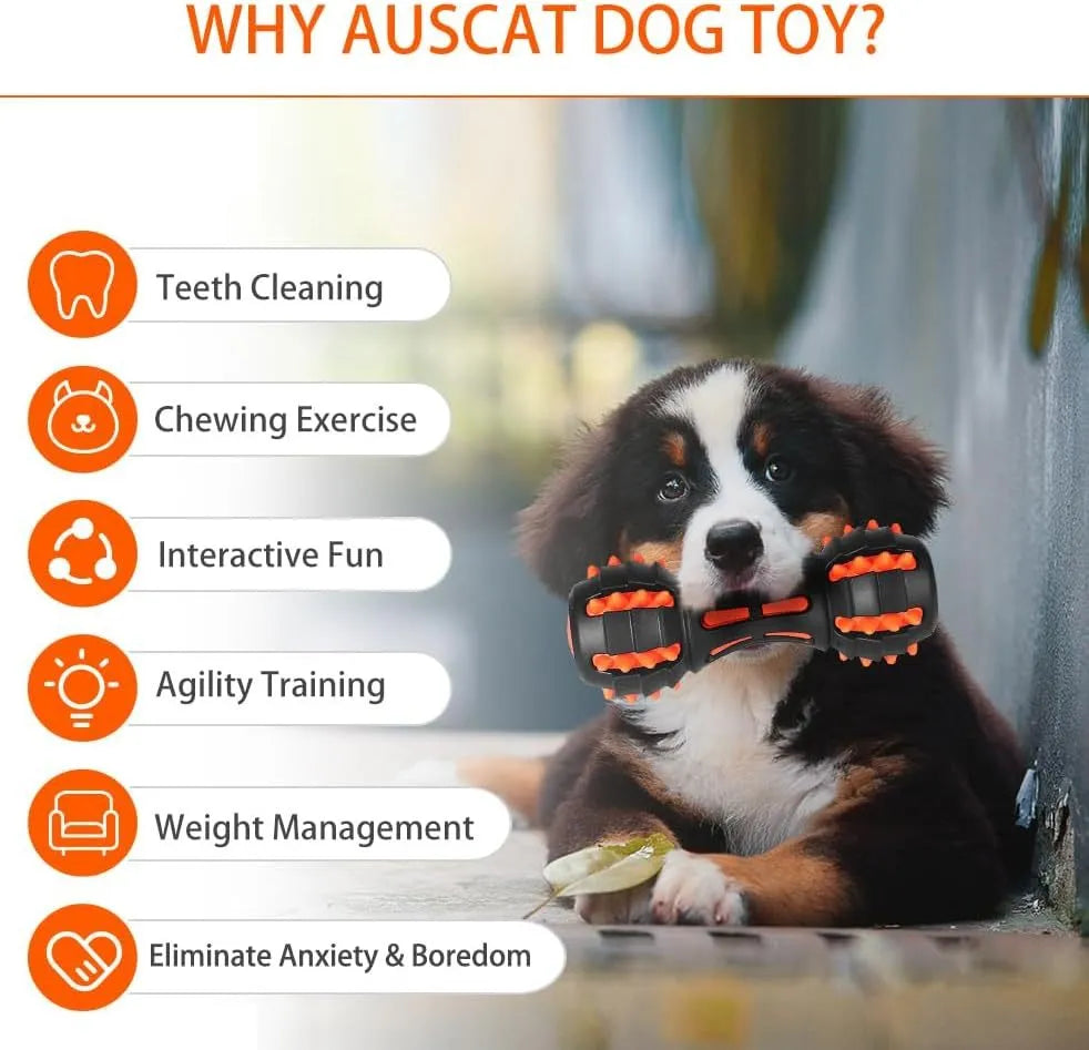 Red dumbbell-shaped dog chew toy made of natural rubber for aggressive chewers.