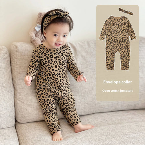Brown leopard print cotton long-sleeved baby jumpsuit with matching headband, neutral unisex style