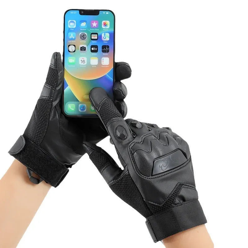 Men's black full finger tactical gloves with touch screen-compatible fingertips on a hand.