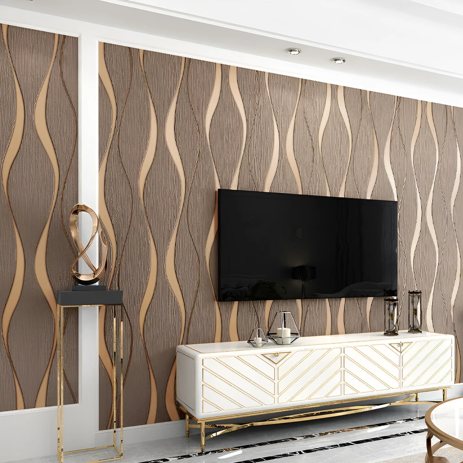 Close-up of light grey 3D stripe wallpaper with thick deerskin velvet texture on a non-woven base.