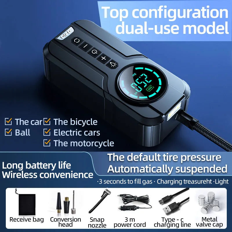 Portable black car tyre inflator with digital display, battery, and 12V power cable on a grey background.