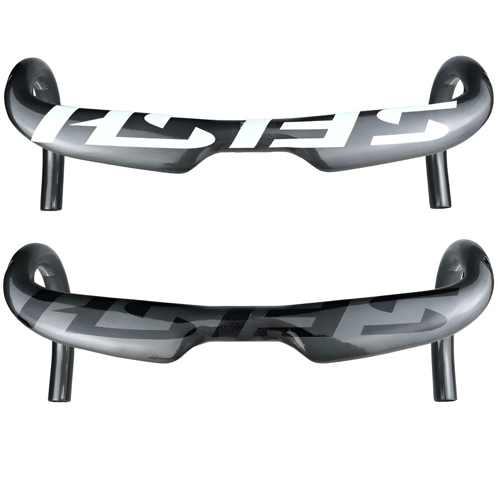 Carbon fibre road bicycle drop handlebar with internal cable routing channels shown in a black finish
